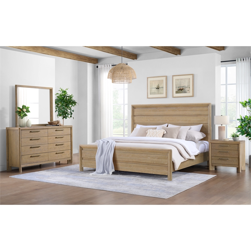 Pemberly Row Queen Panel Platform Bed with Wood Slats in Sand Dune Beige