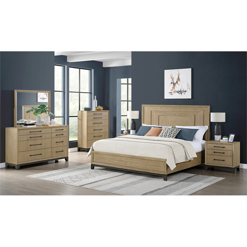 Pemberly Row Oak Queen Panel Bed with Framed Headboard & Footboard