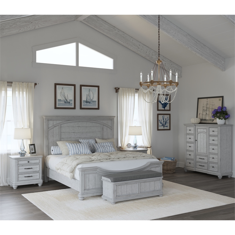 Pemberly Row Queen Panel Bed with Arched Molding & Accents in Oyster Shell Gray