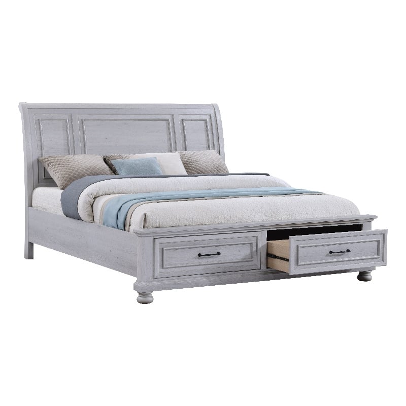 Pemberly Row King Sleigh Bed with 2 Storage Drawers & Paneled Headboard in Gray