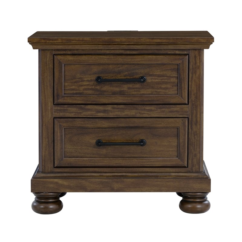 Pemberly Row Solid Wood 2-Drawer Nightstand with USB-A/USB-C Charging in Brown
