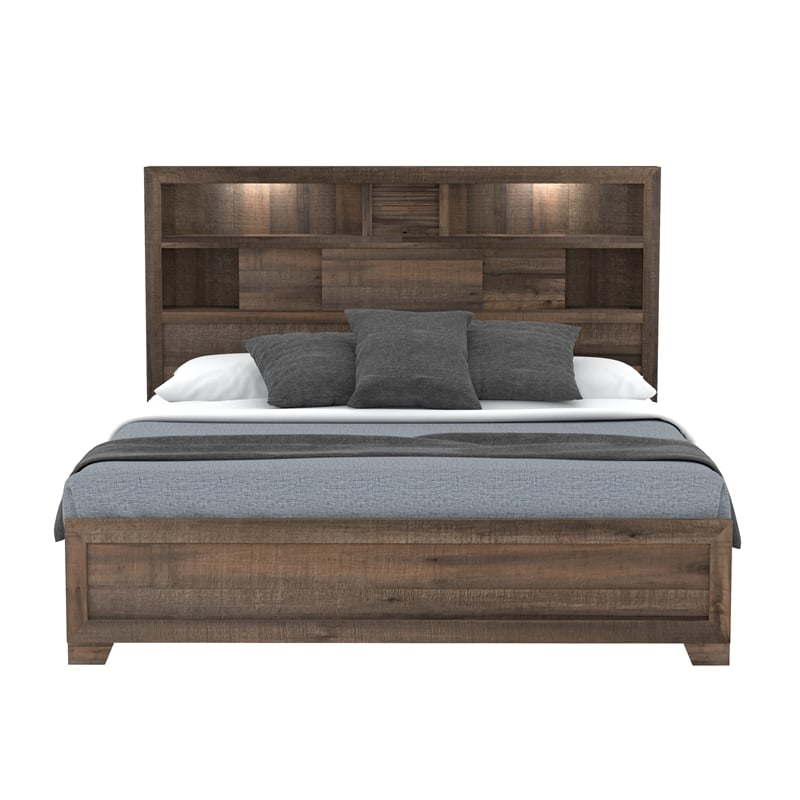 Pemberly Row Queen Bookcase Bed w/ USB Charging & LED Lights & Storage Drawers