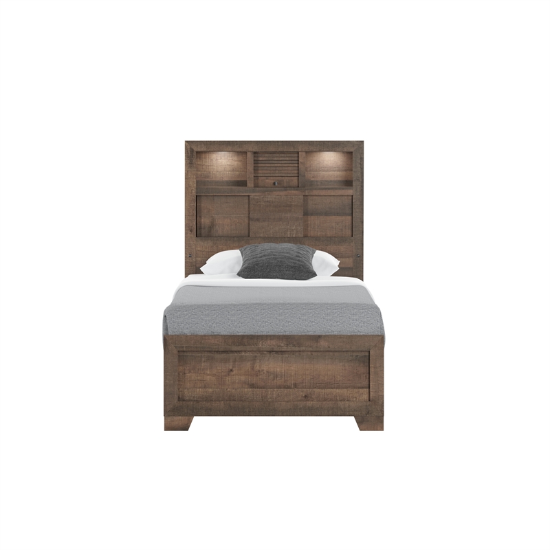 Pemberly Row Twin Bookcase Bed with LED Light & USB Charging & Storage in Brown