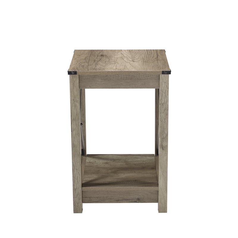 Pemberly Row End Table with Black Metal Cross-Bracing & Lower Shelf - Warm Beige