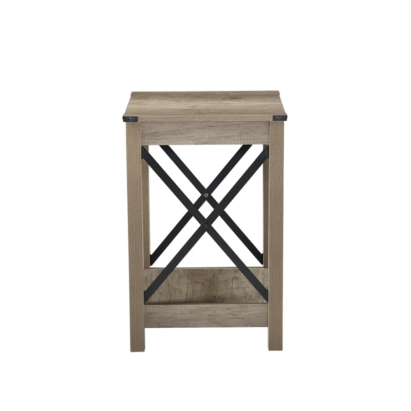 Pemberly Row End Table with Black Metal Cross-Bracing & Lower Shelf - Warm Beige