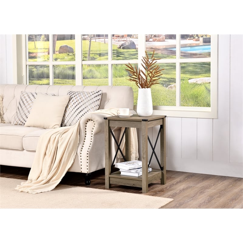 Pemberly Row End Table with Black Metal Cross-Bracing & Lower Shelf - Warm Beige