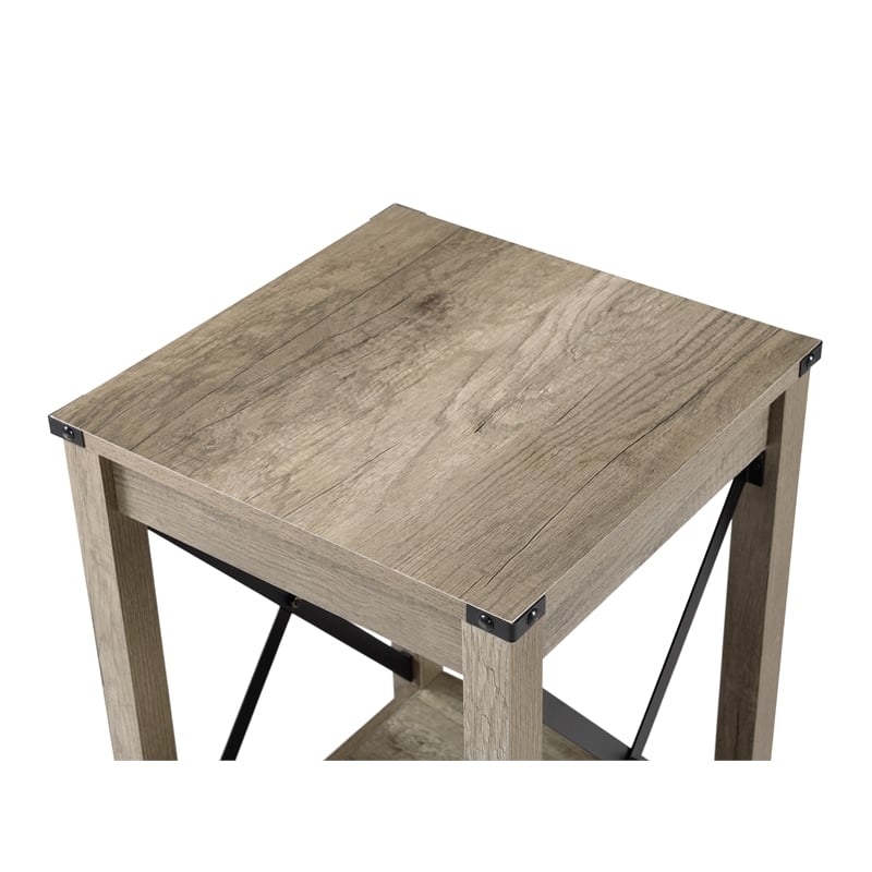 Pemberly Row End Table with Black Metal Cross-Bracing & Lower Shelf - Warm Beige