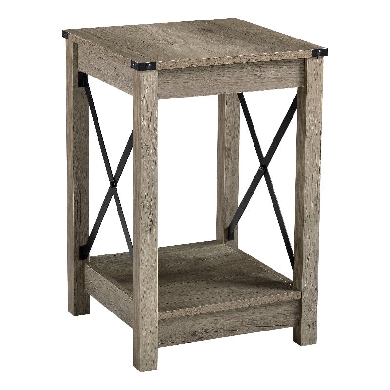 Pemberly Row End Table with Black Metal Cross-Bracing & Lower Shelf - Warm Beige