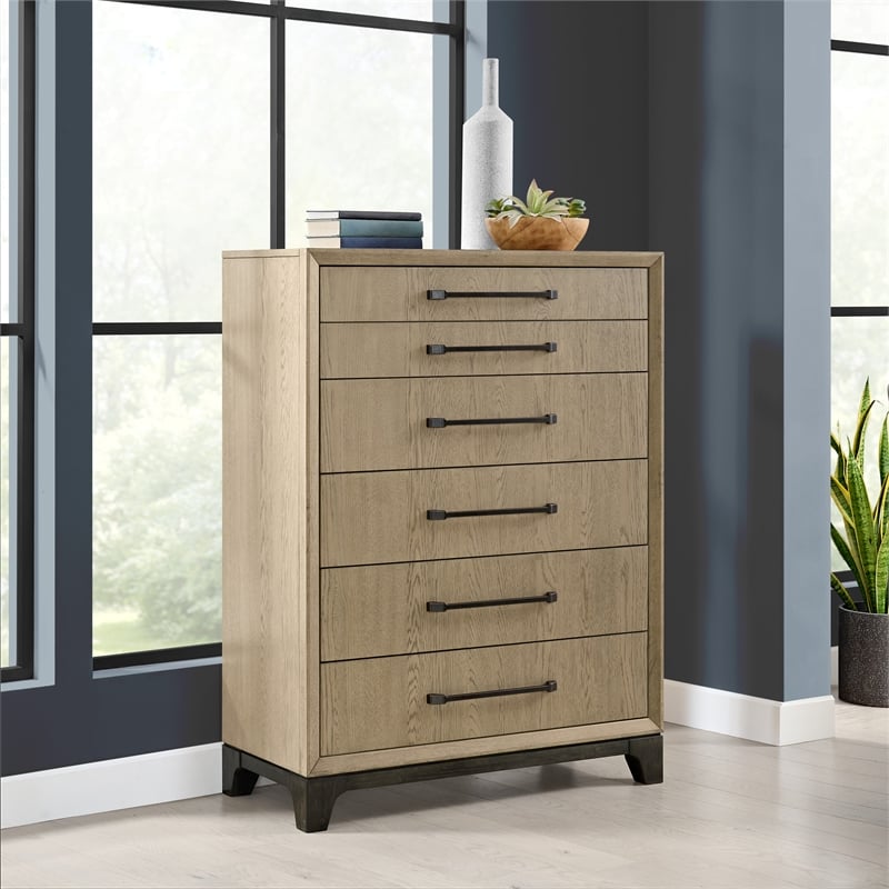 Pemberly Row Brown Mid-Century Solid Oak Craftsmanship 6-Drawer Chest
