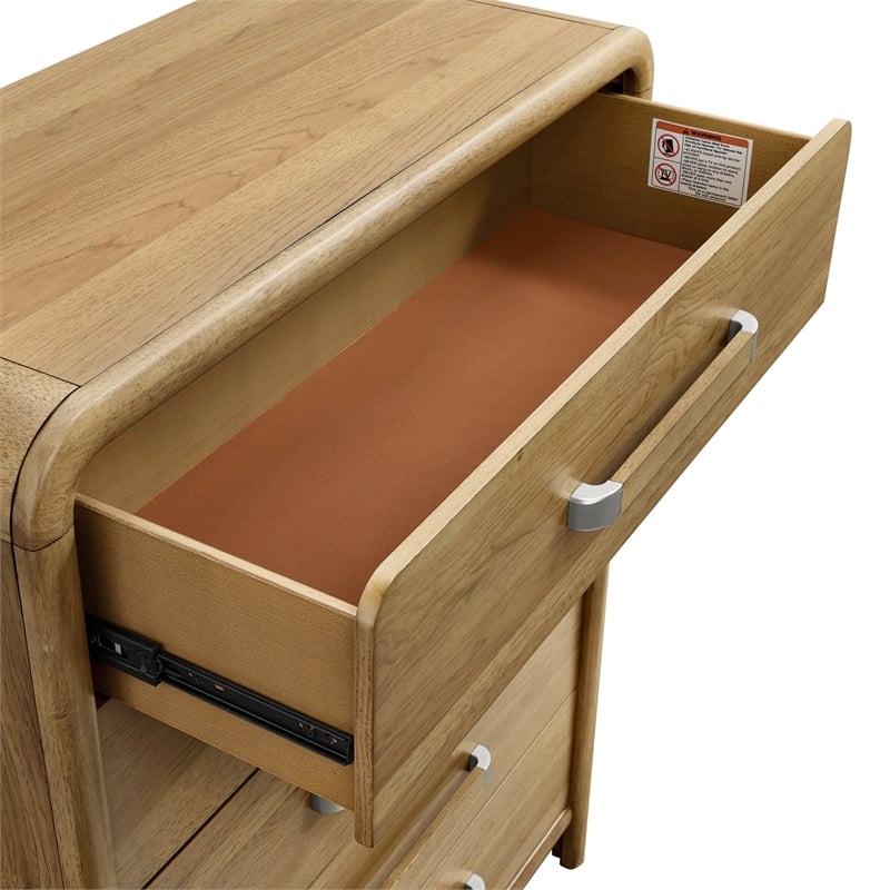 Pemberly Row Mid-Century Hickory Wood 5-Drawers Chest with Waterfall Corners