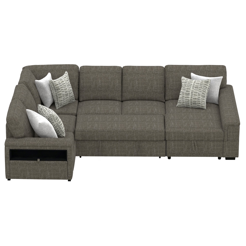 Brown Pop-Up Sectional Sofa with Storage and Fold-Down Console