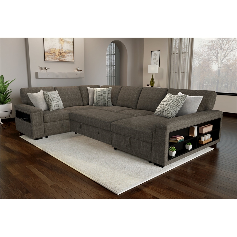 Brown Pop-Up Sectional Sofa with Storage and Fold-Down Console