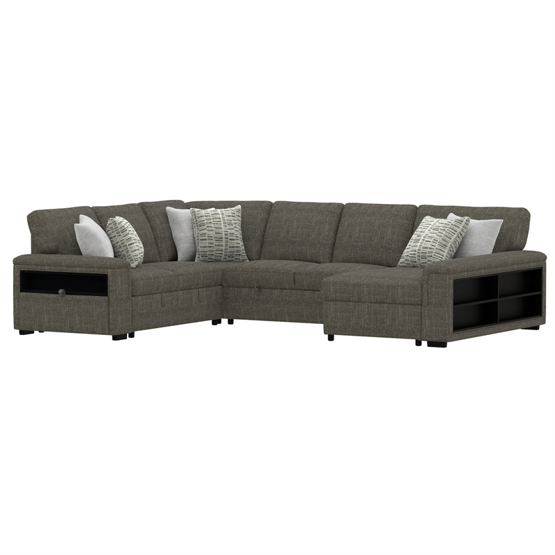 Brown Pop-Up Sectional Sofa with Storage and Fold-Down Console