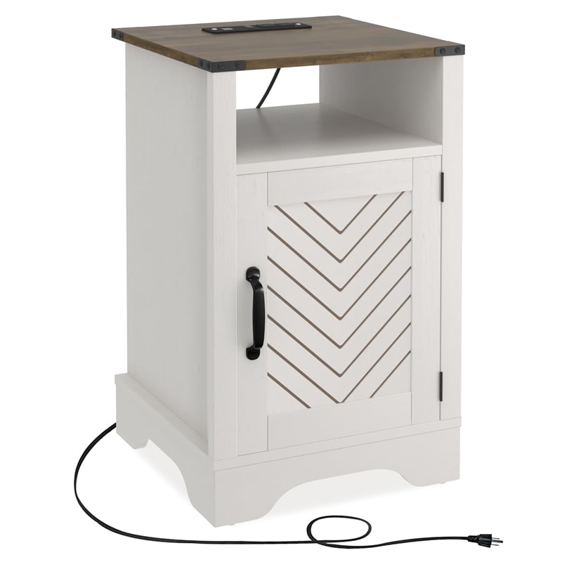 Pemberly Row Farmhouse Nightstand with Charging Station in White & Rustic