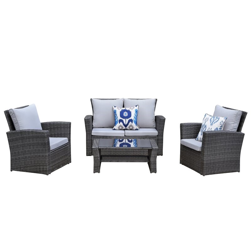 Pemberly Row 4-Piece Stainless Steel Patio Furniture Set with Cushions in Gray