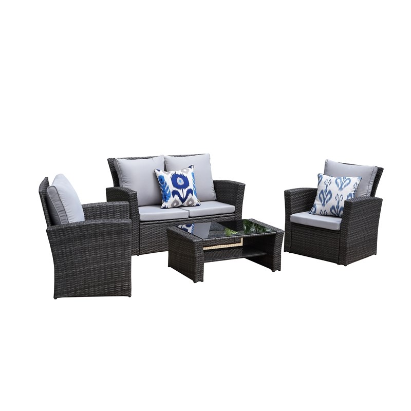 Pemberly Row 4-Piece Stainless Steel Patio Furniture Set with Cushions in Gray