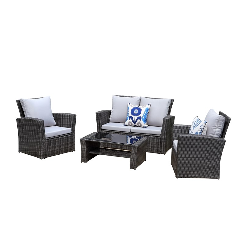 Pemberly Row 4-Piece Stainless Steel Patio Furniture Set with Cushions in Gray