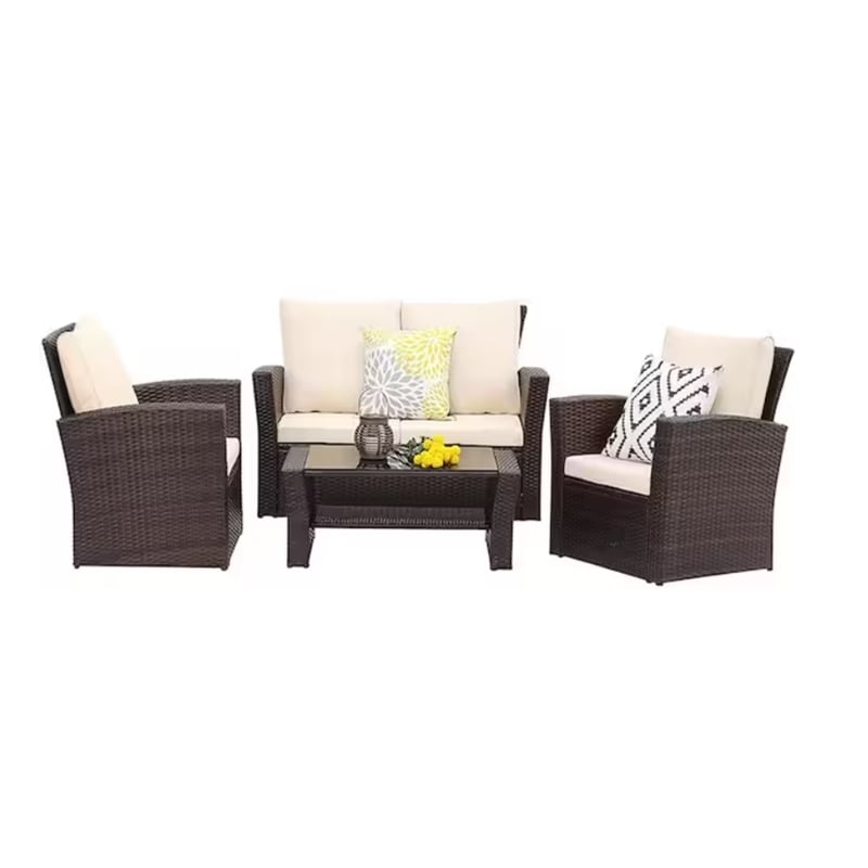 Pemberly Row PE Rattan Wicker 4-Piece Outdoor Patio Furniture Set in Brown