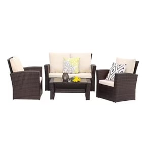 Pemberly Row PE Rattan Wicker 4-Piece Outdoor Patio Furniture Set in Brown