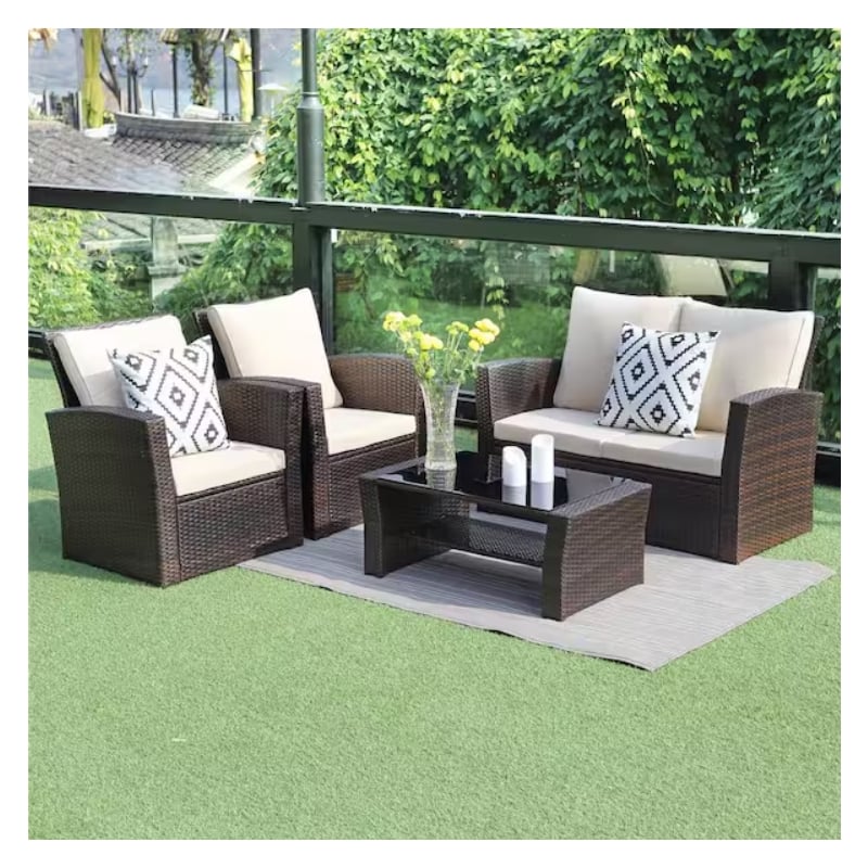 Pemberly Row PE Rattan Wicker 4-Piece Outdoor Patio Furniture Set in Brown