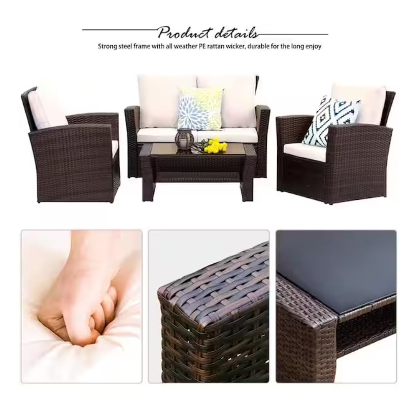Pemberly Row PE Rattan Wicker 4-Piece Outdoor Patio Furniture Set in Brown