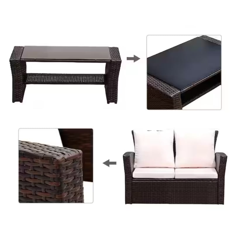 Pemberly Row PE Rattan Wicker 4-Piece Outdoor Patio Furniture Set in Brown