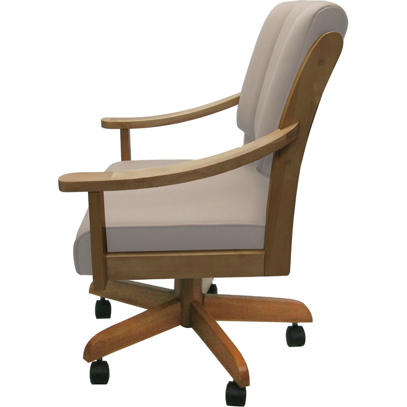 Pemberly Row Leather & Solid Wood Swivel Dining Caster Chair in Tan on Honey