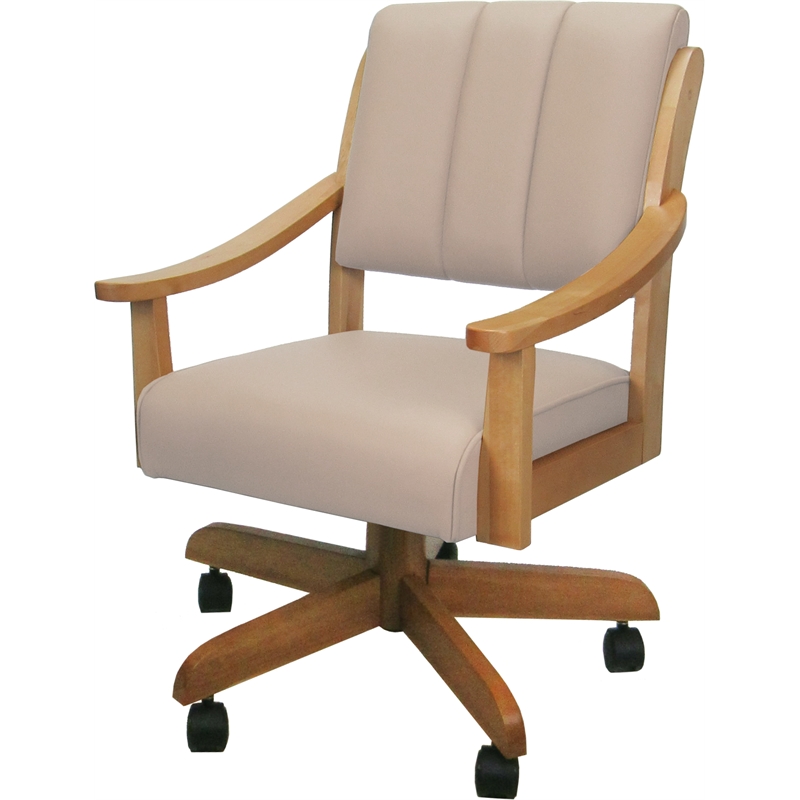 Pemberly Row Leather & Solid Wood Swivel Dining Caster Chair in Tan on Honey