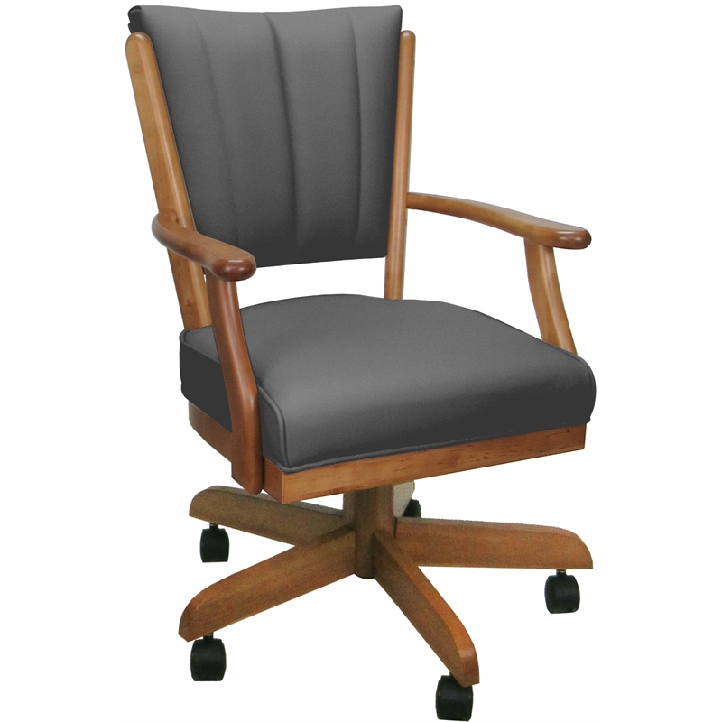 Pemberly Row Leather & Solid Wood Caster Dining Chair in Gray on Honey Frame