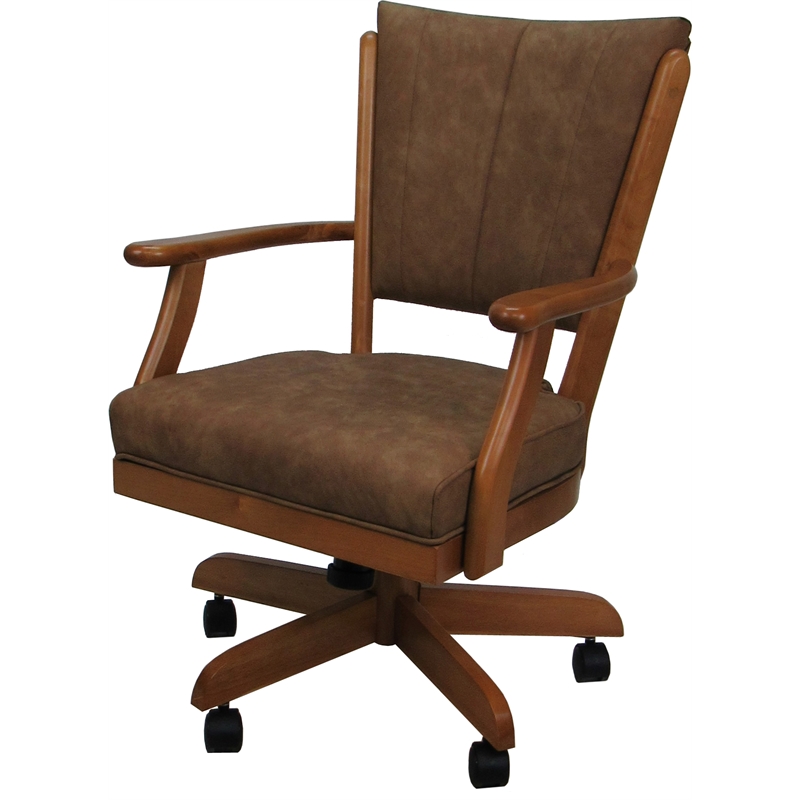 Pemberly Row Solid Wood Swivel Caster Dining Chair in Pecan Brown Vinyl Honey