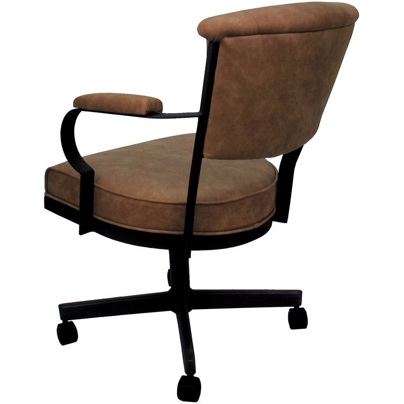 Pemberly Row Swivel Metal Dining Caster Chair in Pecan Brown Vinyl Black