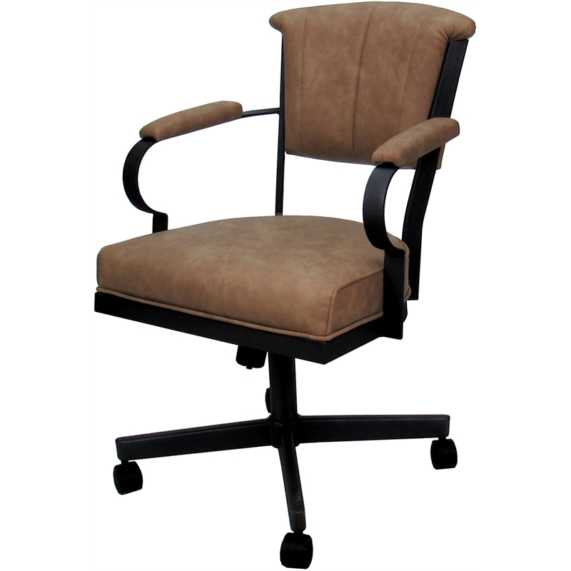 Pemberly Row Swivel Metal Dining Caster Chair in Pecan Brown Vinyl Black