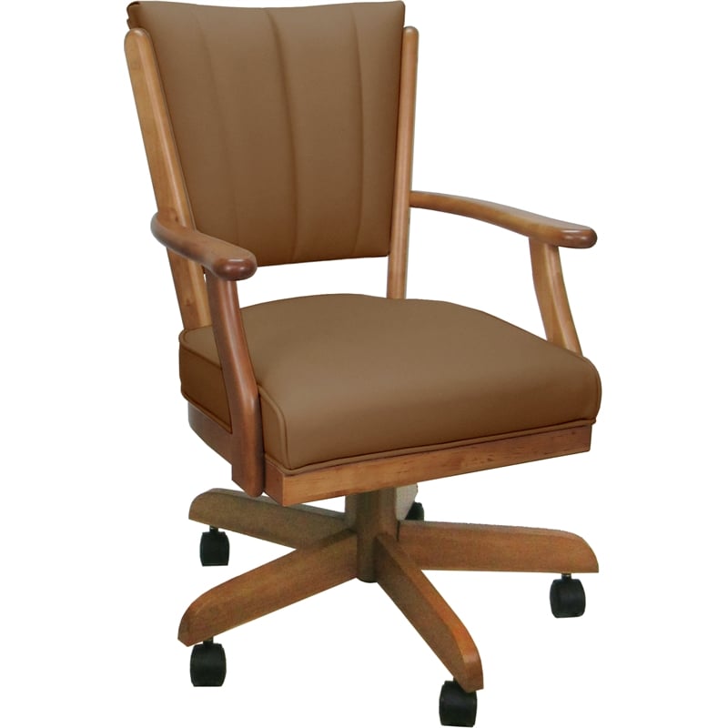 Pemberly Row Leather Caster Solid Wood Dining Chair in Brown Honey