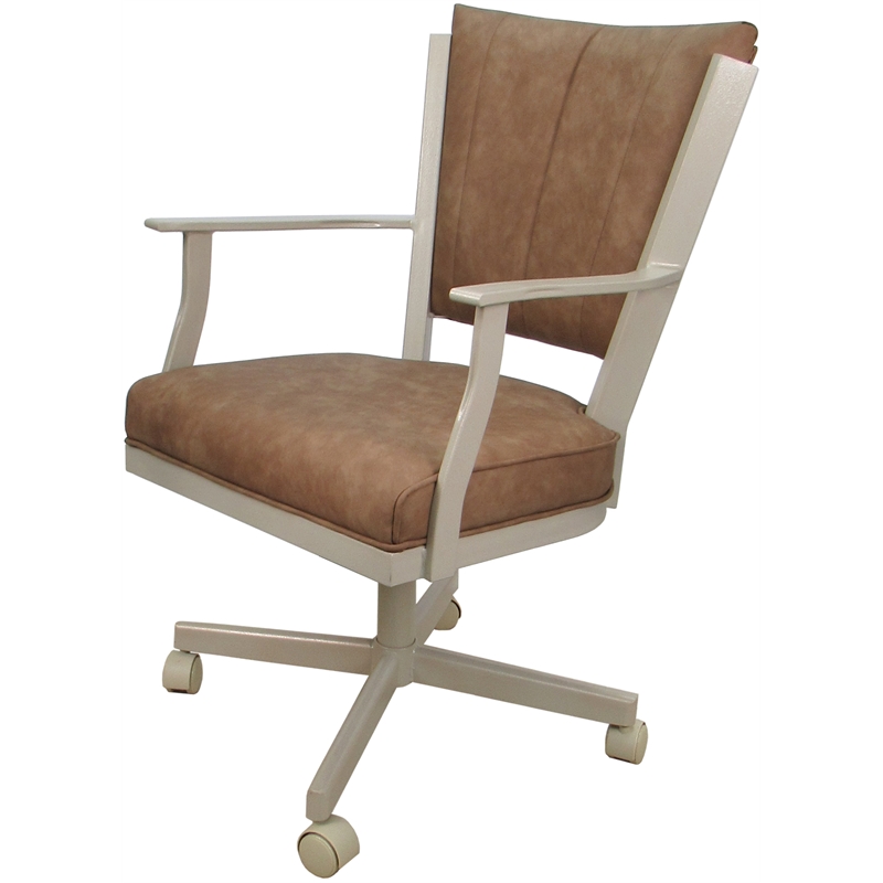 Pemberly Row Swivel Metal Dining Caster Chair in Pecan Brown Vinyl Beige