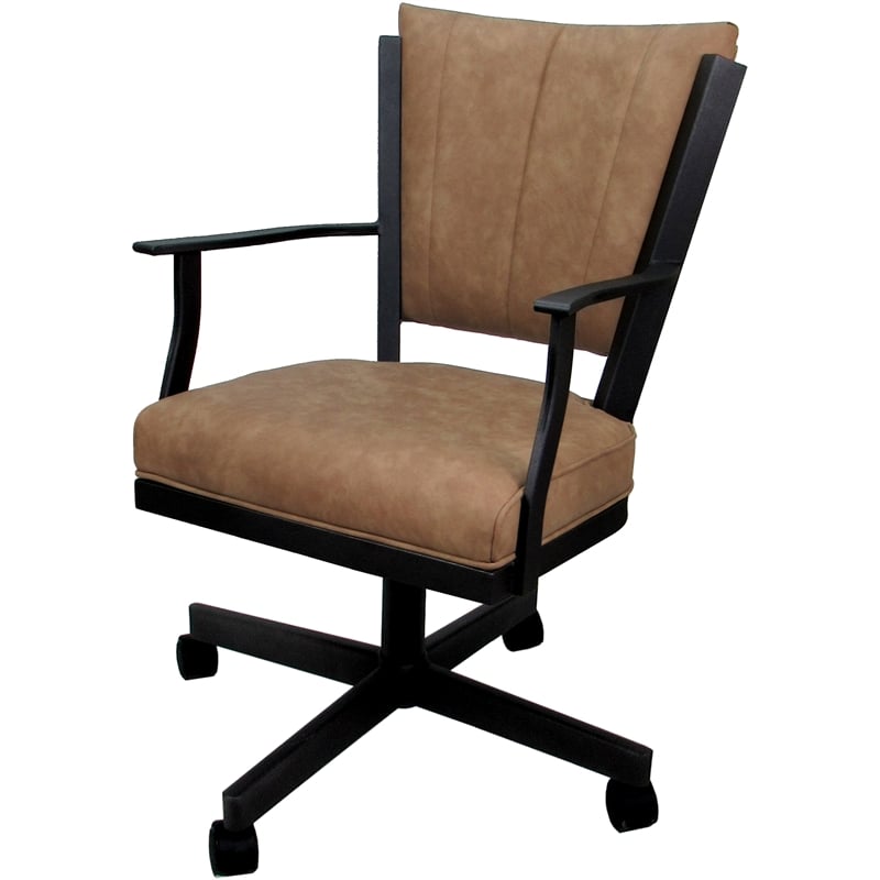 Pemberly Row Swivel Metal Dining Caster Chair in Pecan Brown Vinyl Black