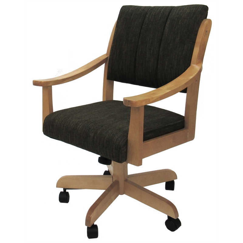 Pemberly Row Solid Wood Dining Caster Chair in Sanora Brown Fabric Natural Frame