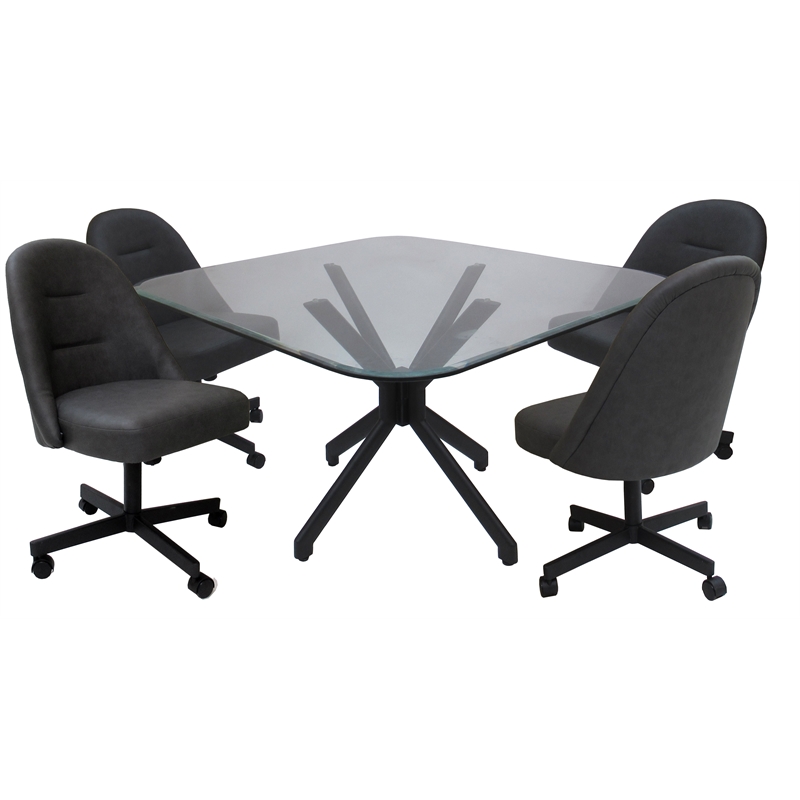 Pemberly Row Dinette Swivel Metal Caster Chairs in Clear Glass/Grey Vinyl/Black