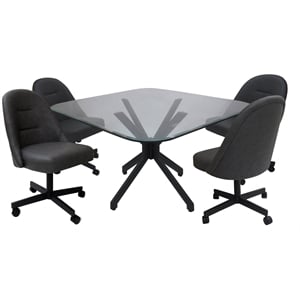 Pemberly Row Dinette Swivel Metal Caster Chairs in Clear Glass/Grey Vinyl/Black