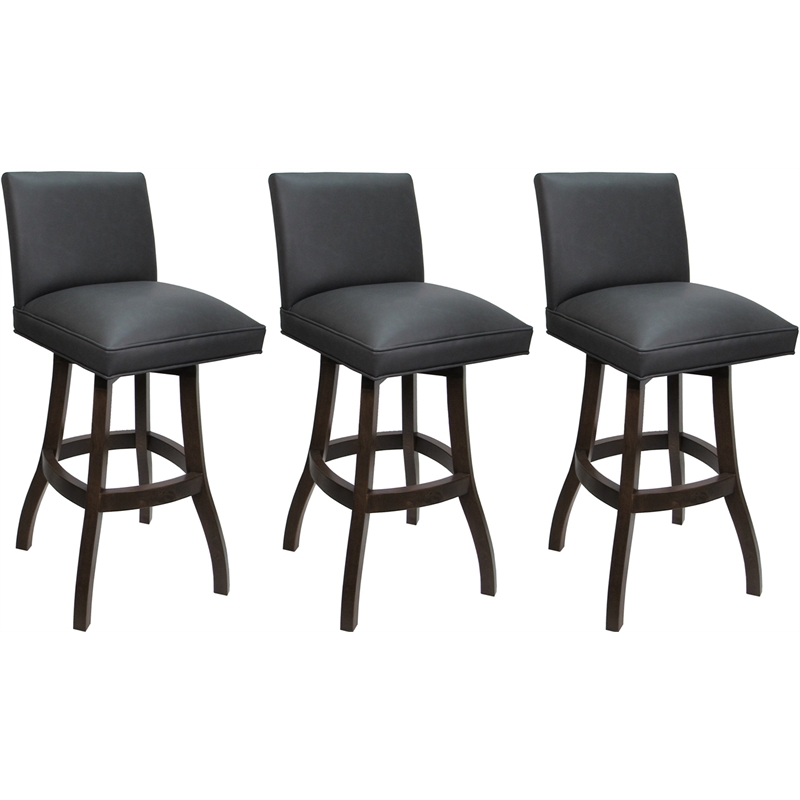 Pemberly Row Set of 3 Extra Tall Swivel Wood Stools in Gray Vinyl/Dark Walnut