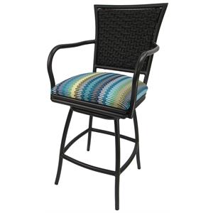 Pemberly Row Outdoor Swivel Counter 26&quot Stool in Aqua Stripe Fabric/Brown Metal