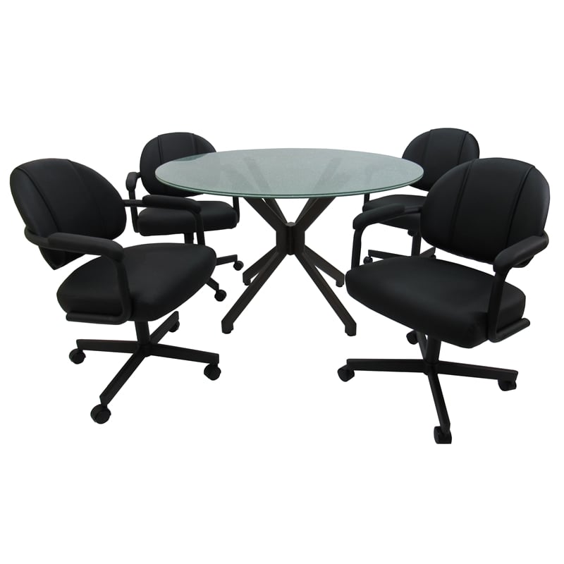 Pemberly Row Dinette Swivel Metal Caster Chairs in Crackle Glass and Black Vinyl