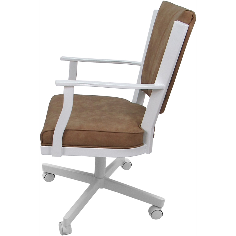 Pemberly Row Swivel Metal Dining Caster Chair in Pecan Brown Vinyl and White
