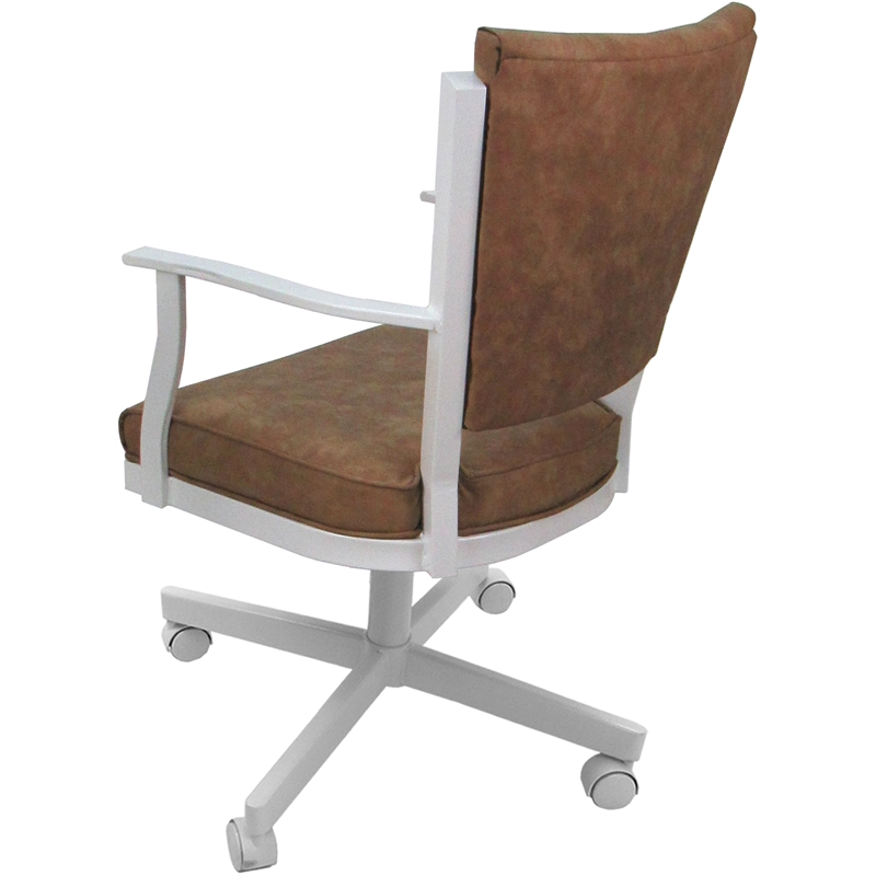 Pemberly Row Swivel Metal Dining Caster Chair in Pecan Brown Vinyl and White