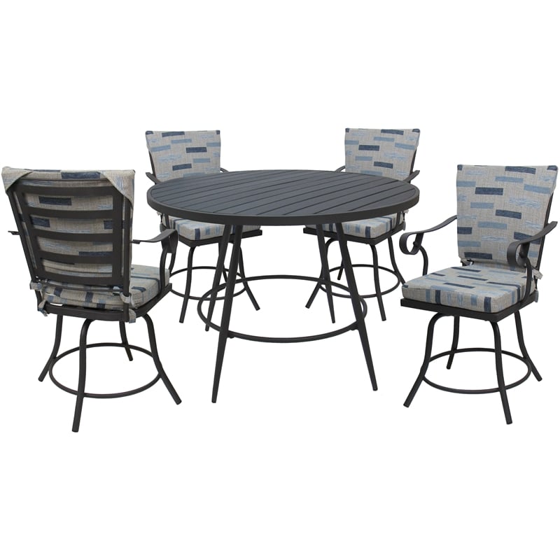 Pemberly Row Outdoor/Indoor Patio Dining Set in B-W Blue Beige and Gray