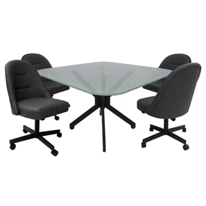 Pemberly Row Dinette Swivel Metal Caster Chairs Crackle Glass - Grey Vinyl Black