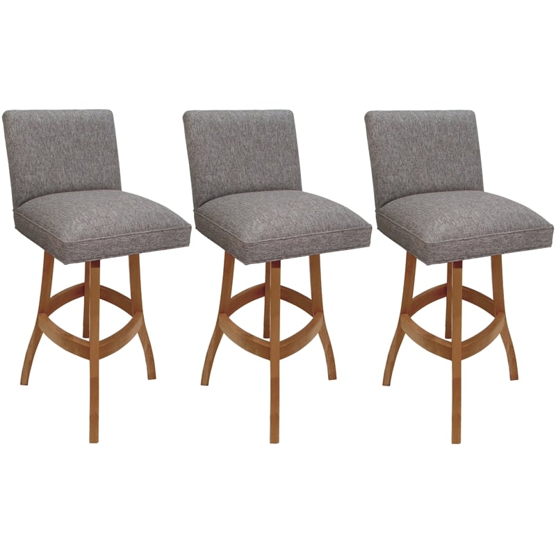 Pemberly Row Set of 3 Extra Tall Swivel Wood Stools in Mojave Gray Fabric Honey