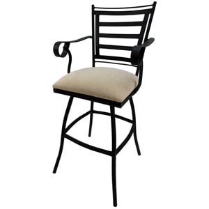 Pemberly Row Outdoor Bar Stool with Arms Swivel 30&quot in Beige Fabric Black Metal