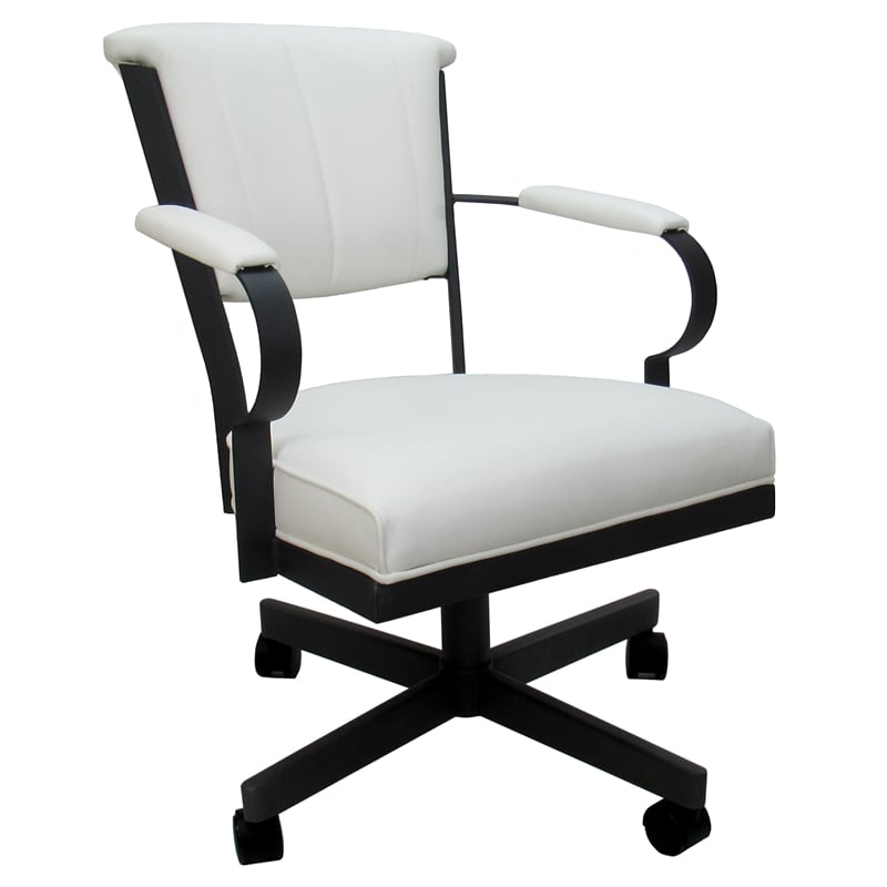 Pemberly Row Swivel Caster Dining Chair in White Vinyl in Black Metal