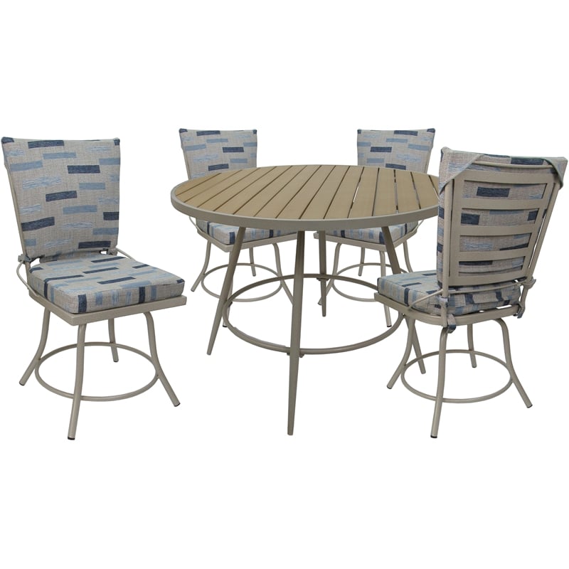 Pemberly Row Outdoor or Indoor Patio Dining Set in Blue Beige Fabric in Beige
