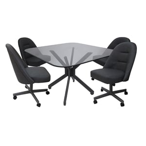 Pemberly Row Dinette Swivel Metal Caster Chairs in Clear Glass Grey Vinyl Grey